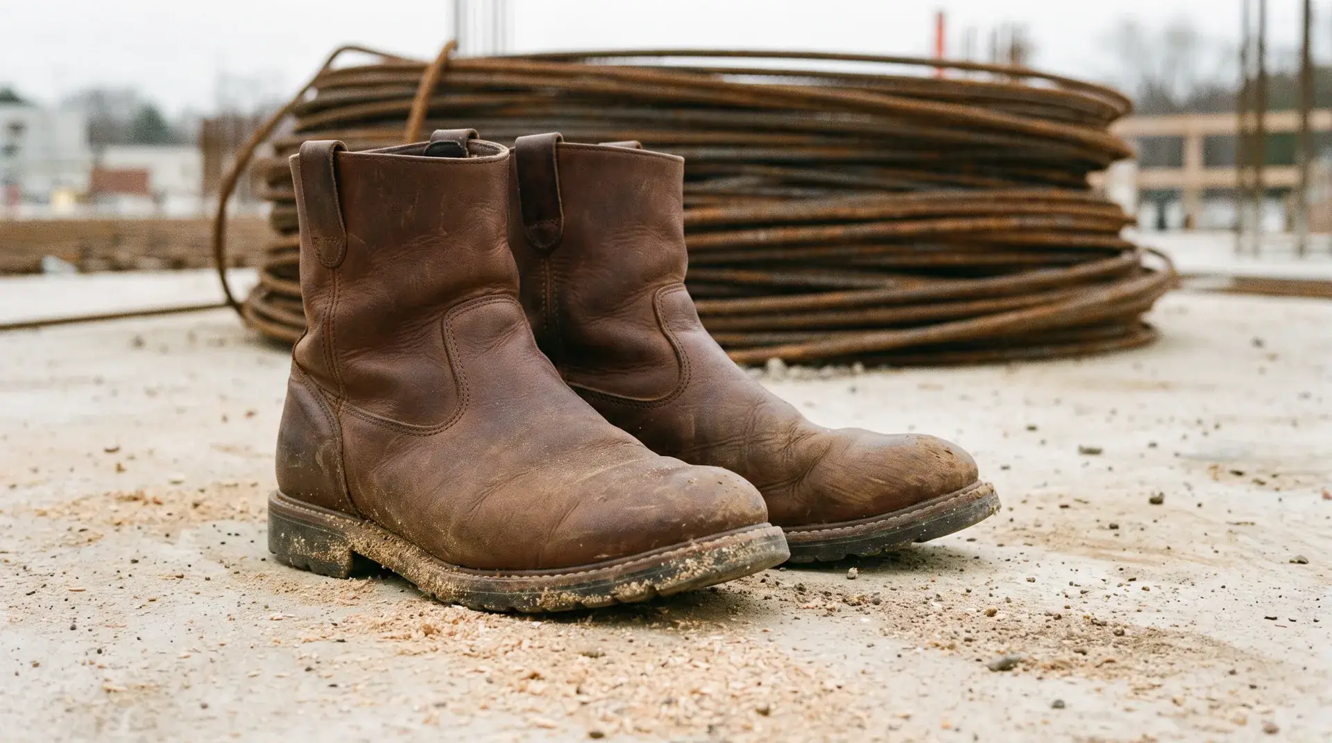 A pair of worn brown leather work boots on a dusty concrete slab beside a coil of rebar.